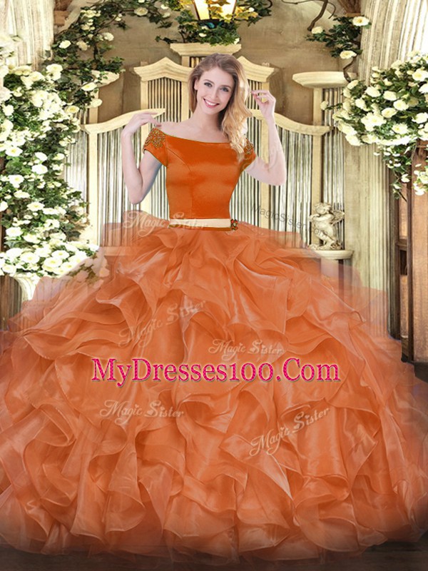 New Arrival Floor Length Orange Red Sweet 16 Dresses Organza Short Sleeves Appliques and Ruffles
