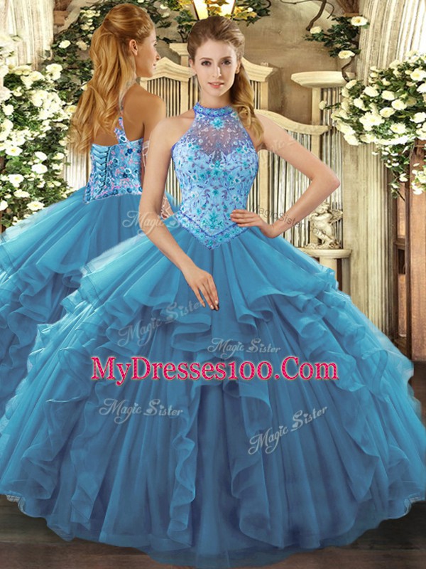 Halter Top Sleeveless Quinceanera Dress Floor Length Beading and Ruffles Teal Organza