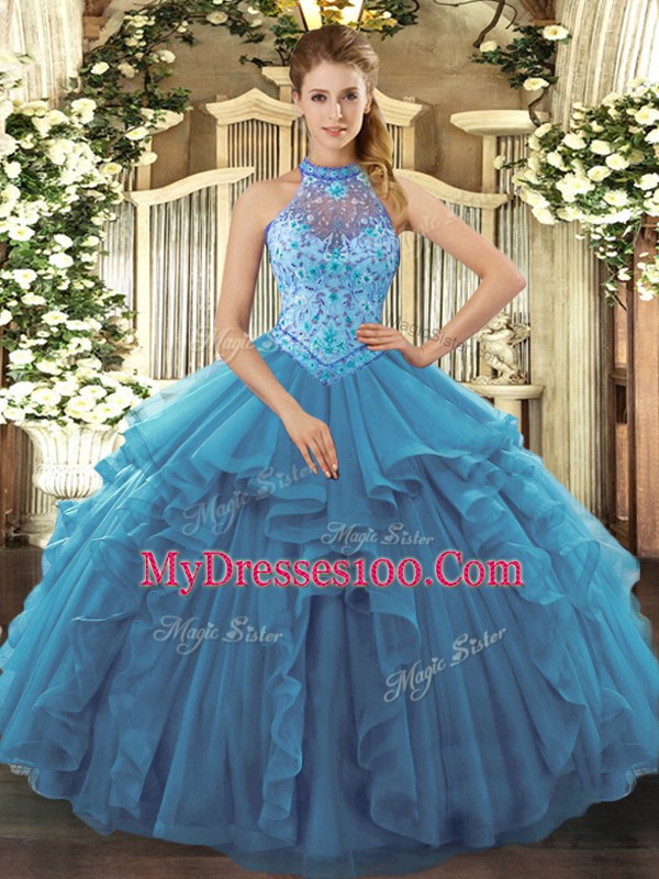 Halter Top Sleeveless Quinceanera Dress Floor Length Beading and Ruffles Teal Organza