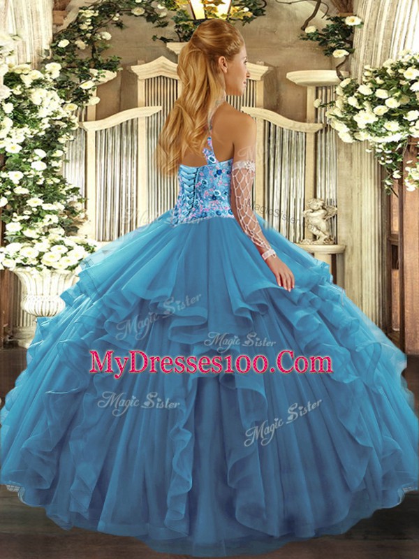 Halter Top Sleeveless Quinceanera Dress Floor Length Beading and Ruffles Teal Organza