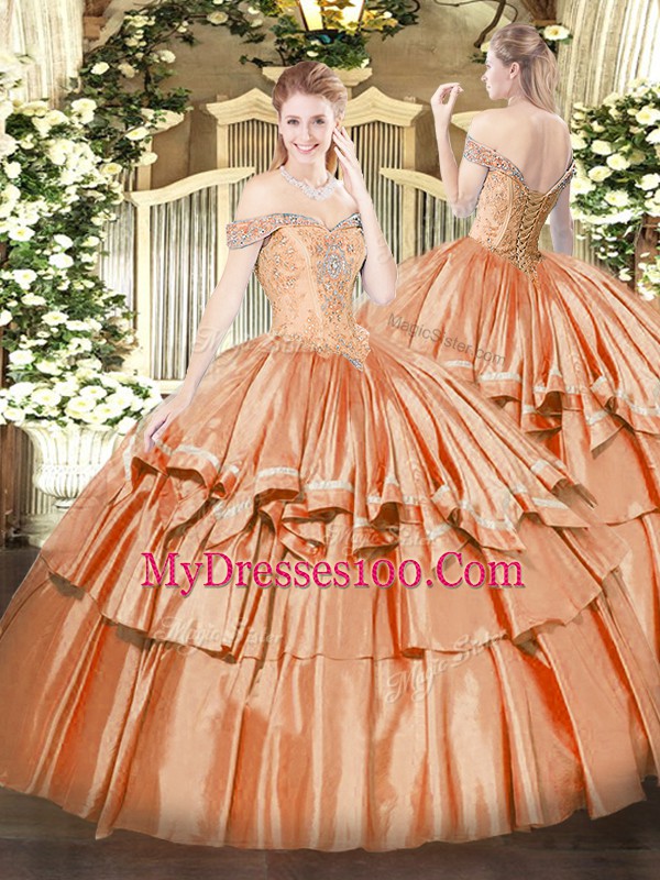 Off The Shoulder Sleeveless Organza 15th Birthday Dress Beading and Ruffled Layers Lace Up