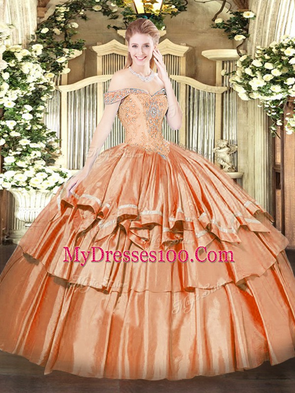 Off The Shoulder Sleeveless Organza 15th Birthday Dress Beading and Ruffled Layers Lace Up