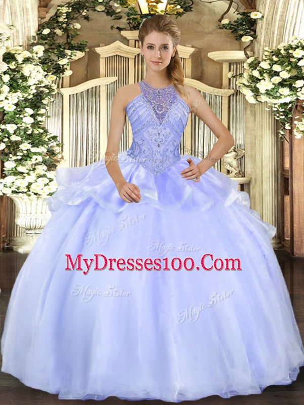 Fancy Blue Ball Gowns Halter Top Sleeveless Organza Floor Length Lace Up Beading Sweet 16 Dresses