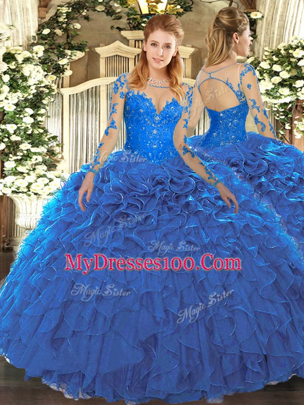 Amazing Floor Length Lace Up Quinceanera Dresses Blue for Military Ball and Sweet 16 and Quinceanera with Lace and Ruffles