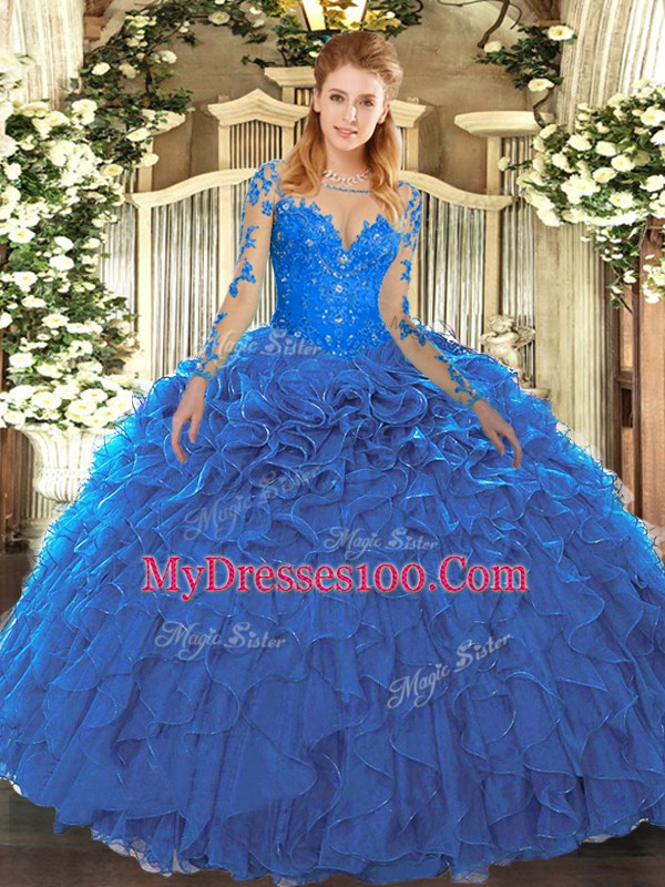 Amazing Floor Length Lace Up Quinceanera Dresses Blue for Military Ball and Sweet 16 and Quinceanera with Lace and Ruffles