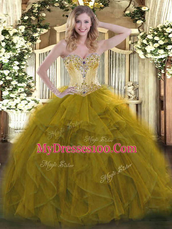Decent Olive Green Sweetheart Neckline Beading and Ruffles Quinceanera Dresses Sleeveless Lace Up