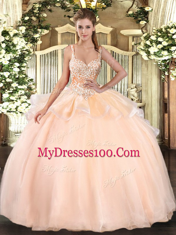 Custom Design Peach Sweet 16 Dresses Military Ball and Sweet 16 and Quinceanera with Beading Straps Sleeveless Lace Up