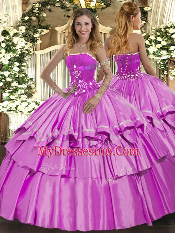 Lilac Organza and Taffeta Lace Up Vestidos de Quinceanera Sleeveless Floor Length Beading and Ruffled Layers