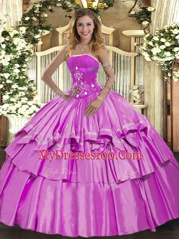 Lilac Organza and Taffeta Lace Up Vestidos de Quinceanera Sleeveless Floor Length Beading and Ruffled Layers