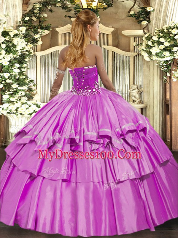 Lilac Organza and Taffeta Lace Up Vestidos de Quinceanera Sleeveless Floor Length Beading and Ruffled Layers