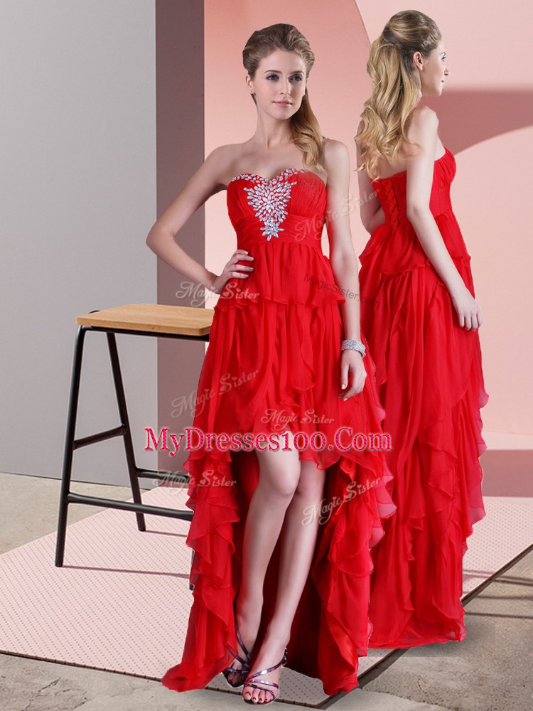 Shining Red Sleeveless Sweep Train Beading High Low Homecoming Dress