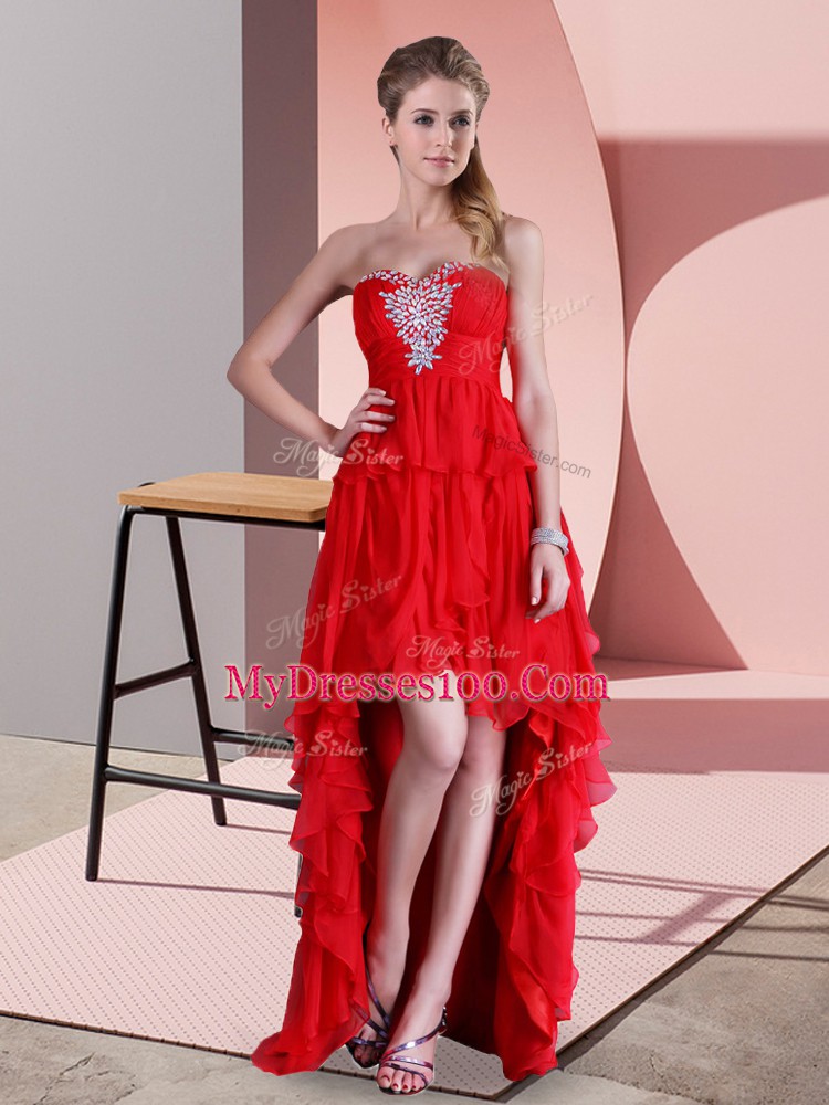 Shining Red Sleeveless Sweep Train Beading High Low Homecoming Dress