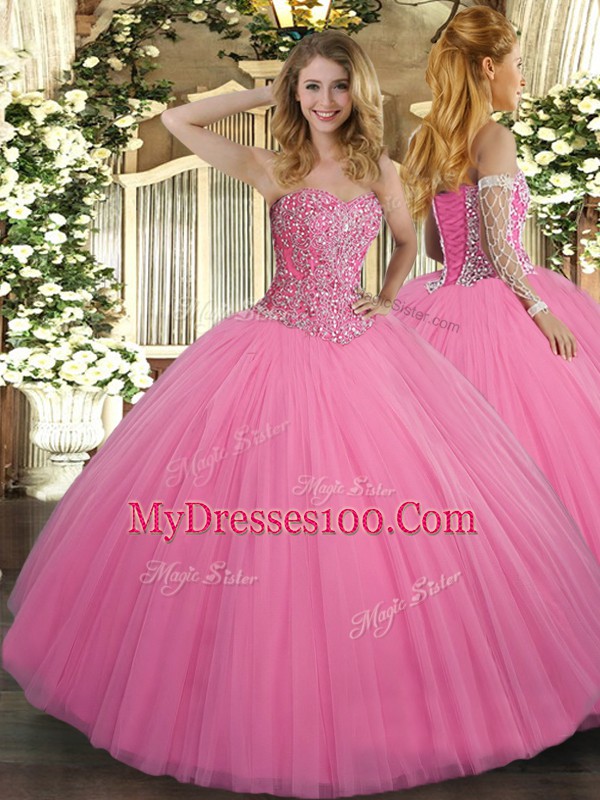 Sleeveless Floor Length Beading Lace Up Quince Ball Gowns with Rose Pink