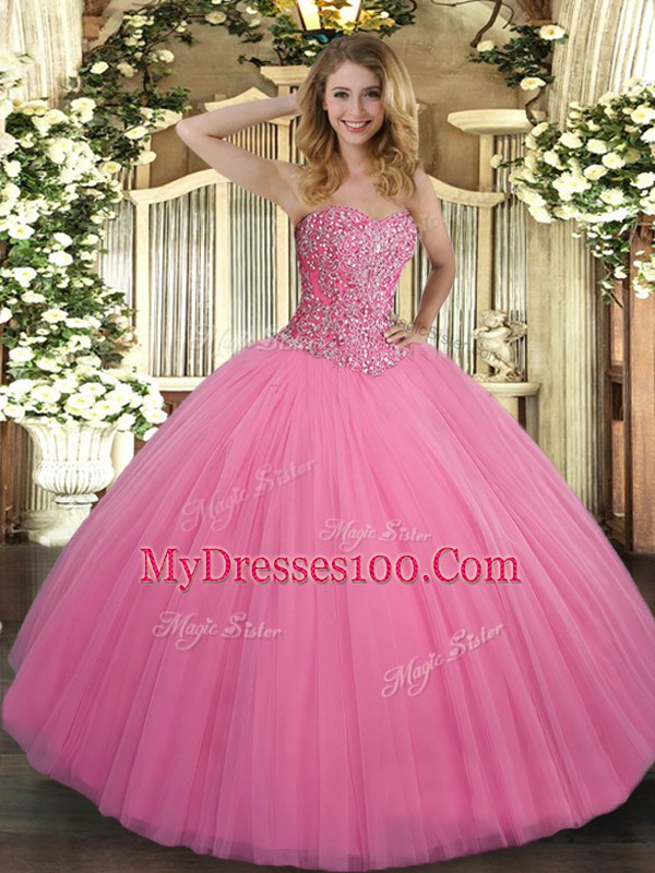 Sleeveless Floor Length Beading Lace Up Quince Ball Gowns with Rose Pink