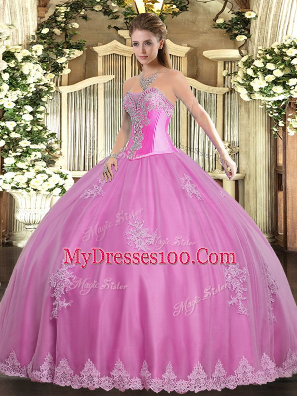 Customized Rose Pink Tulle Lace Up Sweetheart Sleeveless Floor Length Quince Ball Gowns Beading and Appliques