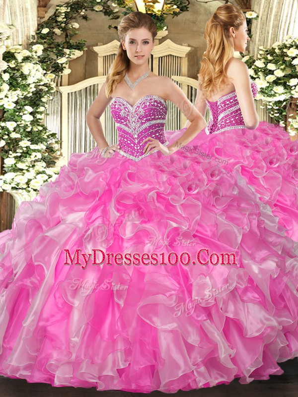 Beading and Ruffles 15th Birthday Dress Rose Pink Lace Up Sleeveless Floor Length