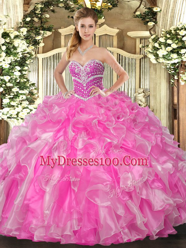 Beading and Ruffles 15th Birthday Dress Rose Pink Lace Up Sleeveless Floor Length