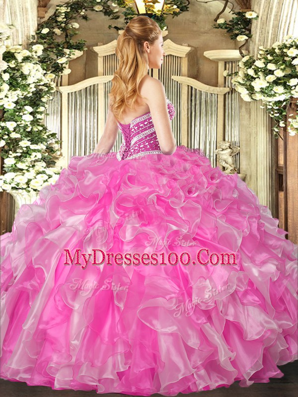 Beading and Ruffles 15th Birthday Dress Rose Pink Lace Up Sleeveless Floor Length