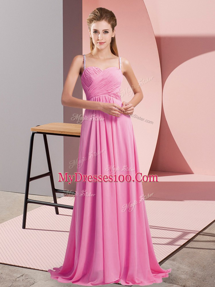 Rose Pink Sleeveless Chiffon Sweep Train Backless Prom Dress for Prom and Party