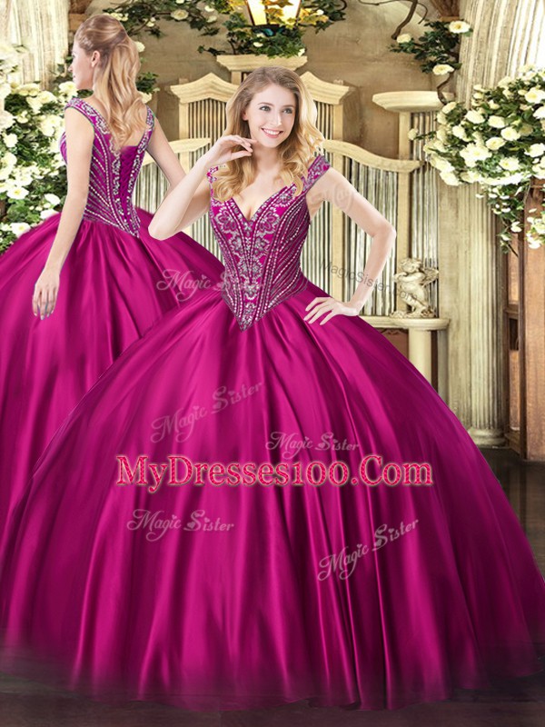 Sleeveless Satin Floor Length Lace Up Quince Ball Gowns in Fuchsia with Beading