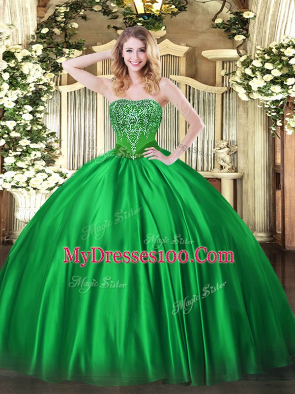 Sweet Strapless Sleeveless Sweet 16 Quinceanera Dress Floor Length Beading Green Satin