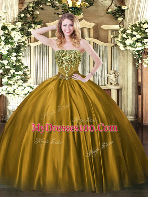 Best Selling Brown Sleeveless Satin Lace Up Quince Ball Gowns for Military Ball and Sweet 16 and Quinceanera