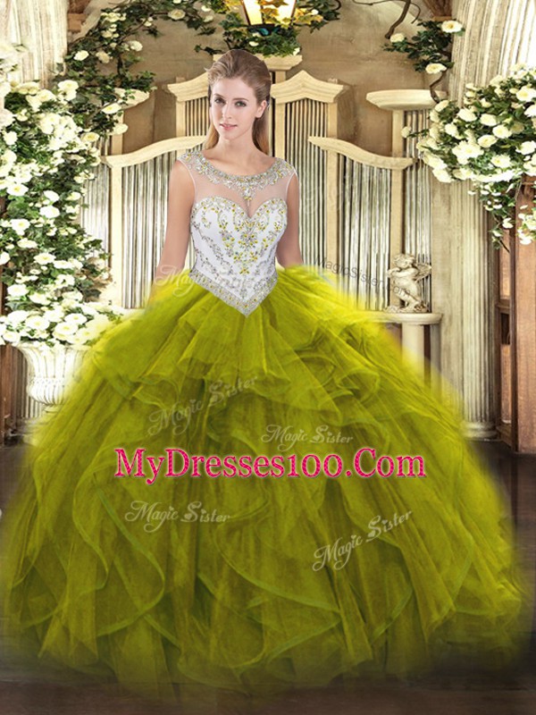 Custom Design Olive Green Zipper Sweet 16 Dress Beading and Ruffles Sleeveless Floor Length