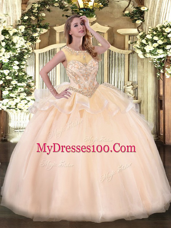 Shining Scoop Sleeveless Zipper Vestidos de Quinceanera Peach Organza