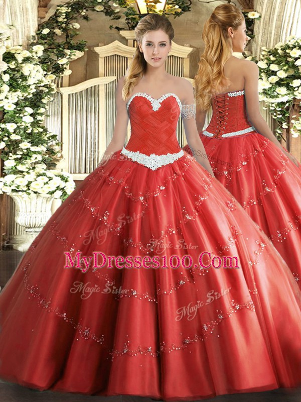 Coral Red Ball Gowns Sweetheart Sleeveless Tulle Floor Length Lace Up Appliques Ball Gown Prom Dress