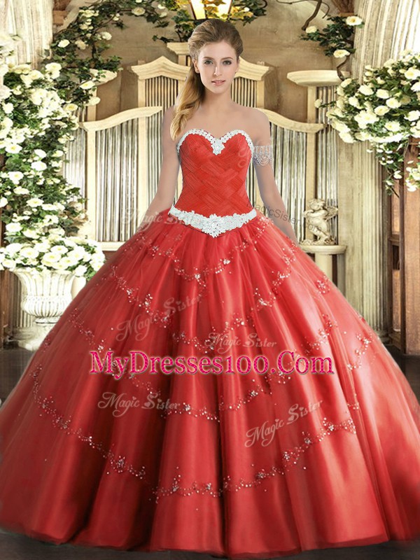 Coral Red Ball Gowns Sweetheart Sleeveless Tulle Floor Length Lace Up Appliques Ball Gown Prom Dress