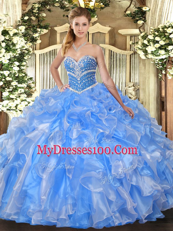 Sleeveless Floor Length Beading and Ruffles Lace Up Quinceanera Dresses with Baby Blue
