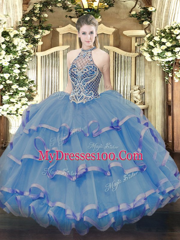Fabulous Halter Top Sleeveless Organza 15 Quinceanera Dress Beading and Ruffles Lace Up