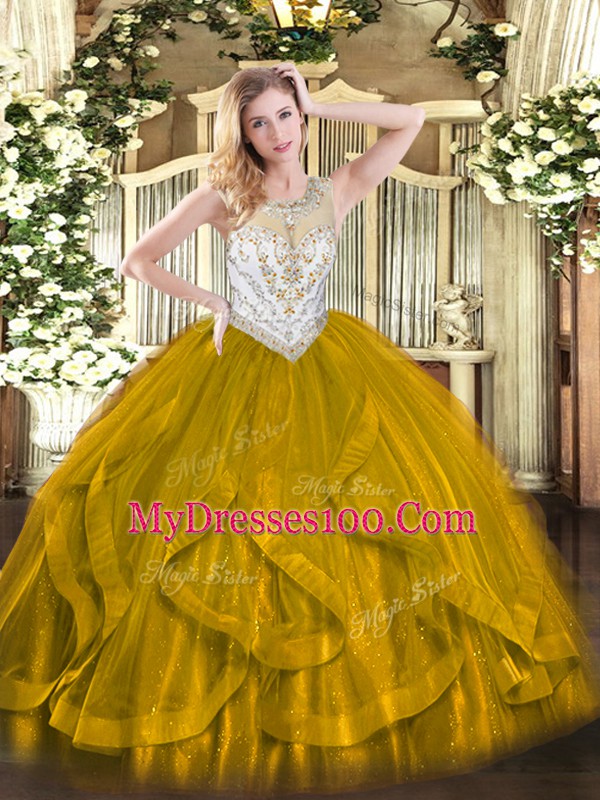 Floor Length Brown Vestidos de Quinceanera Scoop Sleeveless Zipper