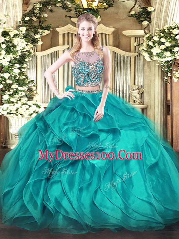 Excellent Teal Sleeveless Beading and Ruffles Floor Length Quinceanera Gown