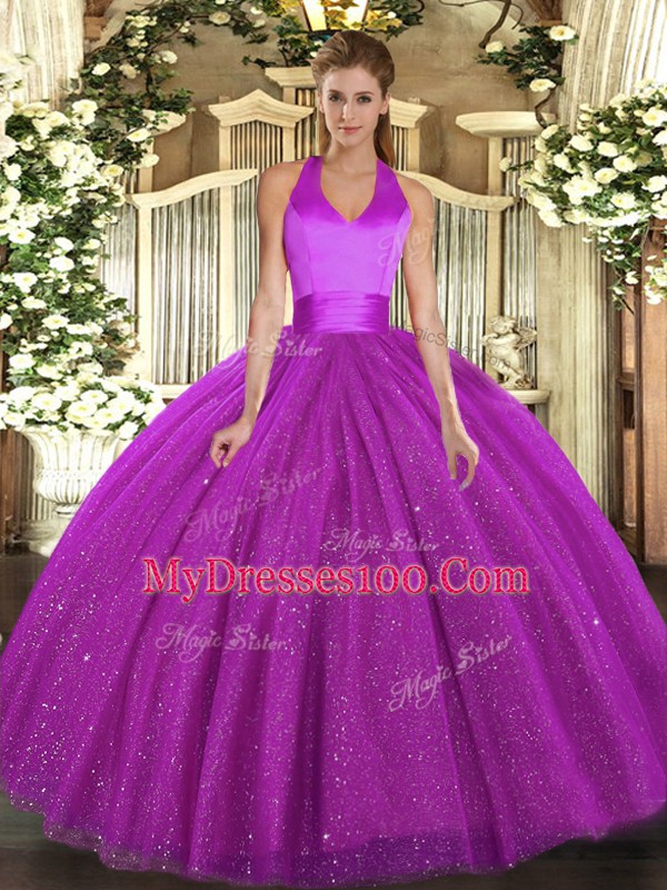 Halter Top Sleeveless Sweet 16 Dresses Floor Length Sequins Fuchsia Tulle