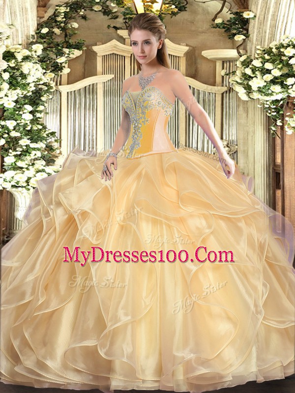 Fashion Champagne Lace Up Sweetheart Beading and Ruffles Sweet 16 Quinceanera Dress Organza Sleeveless