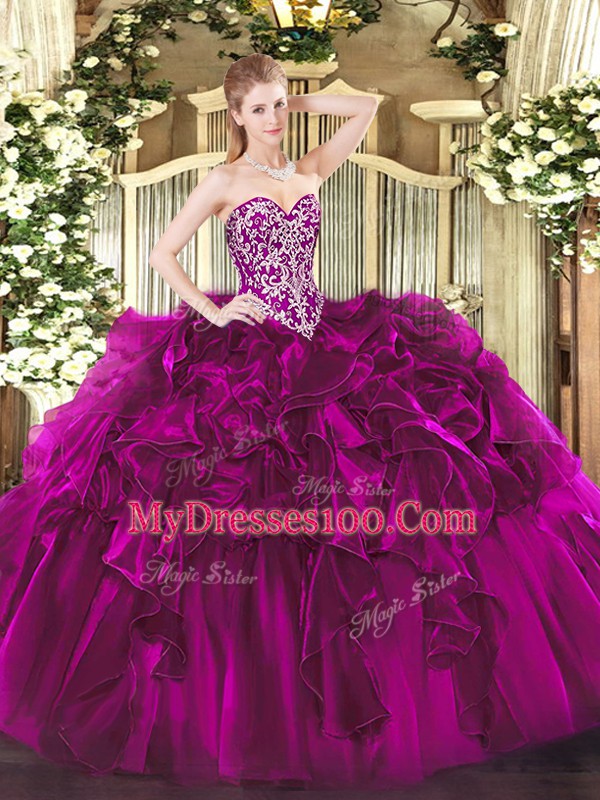 Customized Organza Sweetheart Sleeveless Lace Up Beading and Ruffles Quince Ball Gowns in Fuchsia