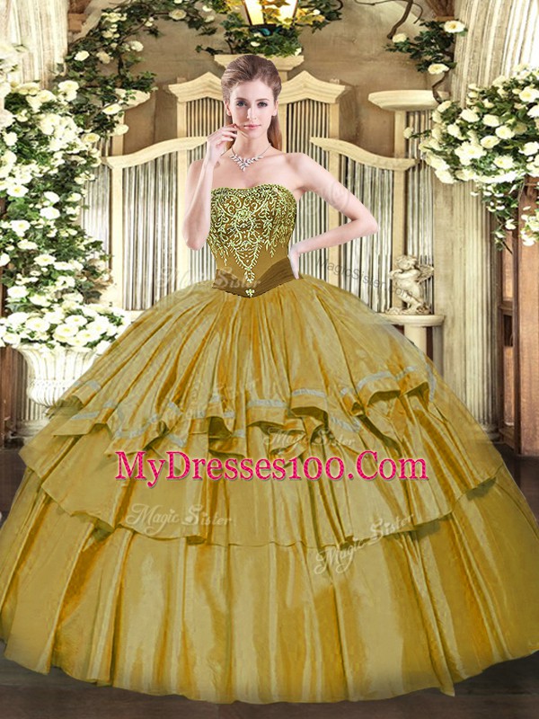 Stunning Strapless Sleeveless Vestidos de Quinceanera Floor Length Beading and Ruffled Layers Brown Organza and Taffeta