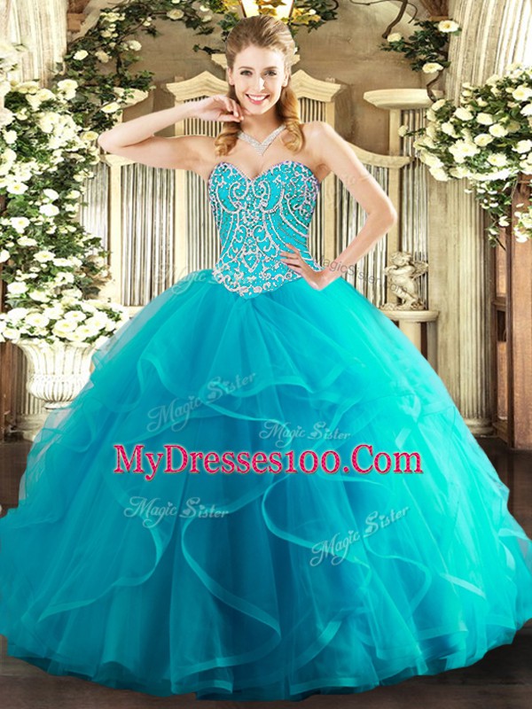 Fantastic Teal Tulle Lace Up Sweetheart Sleeveless Floor Length Quinceanera Dresses Beading and Ruffles
