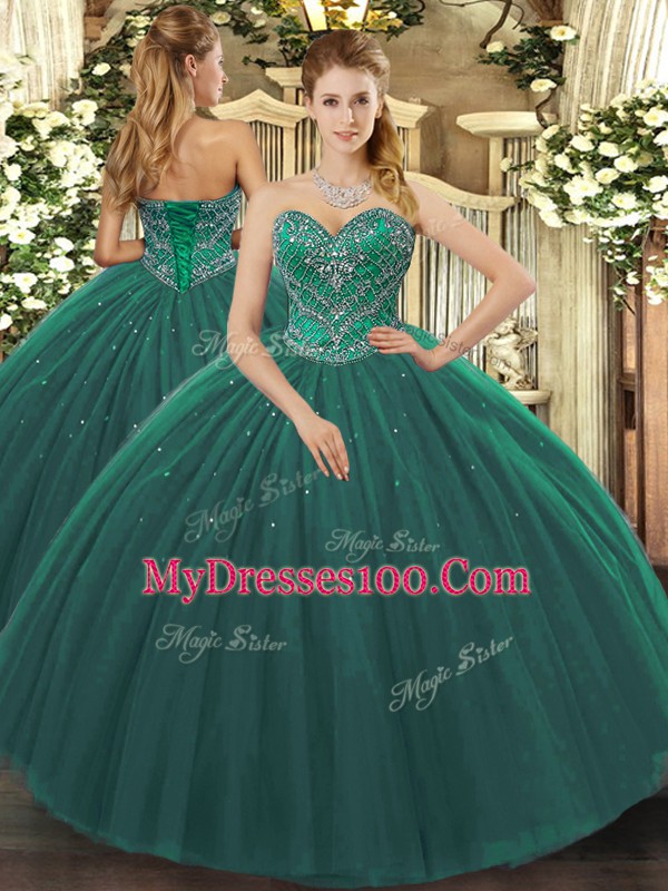 Floor Length Ball Gowns Sleeveless Dark Green 15 Quinceanera Dress Lace Up