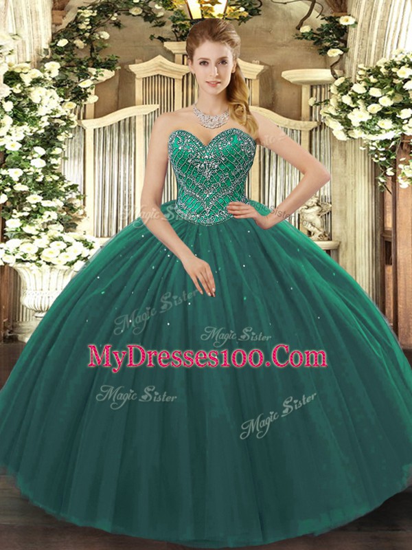 Floor Length Ball Gowns Sleeveless Dark Green 15 Quinceanera Dress Lace Up