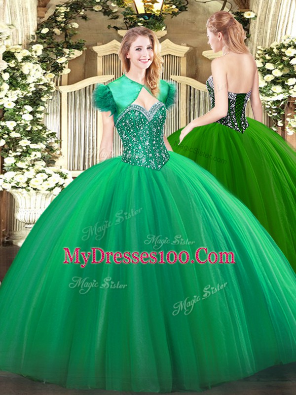 Dramatic Sleeveless Tulle Floor Length Lace Up Quinceanera Gowns in Turquoise with Beading