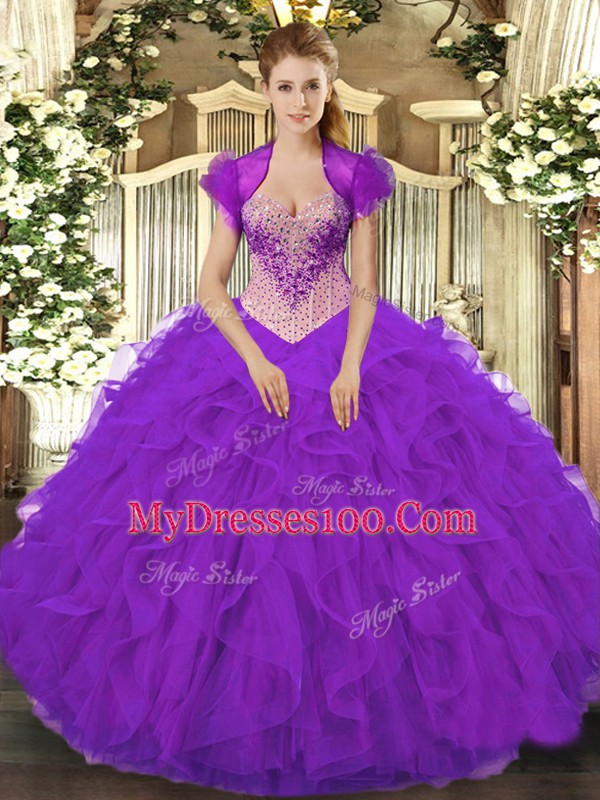 Sexy Purple Organza Lace Up V-neck Sleeveless Floor Length Vestidos de Quinceanera Beading and Ruffles