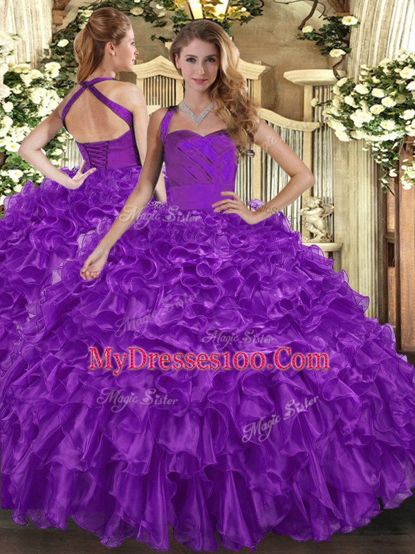 Sleeveless Organza Floor Length Lace Up Ball Gown Prom Dress in Purple with Ruffles