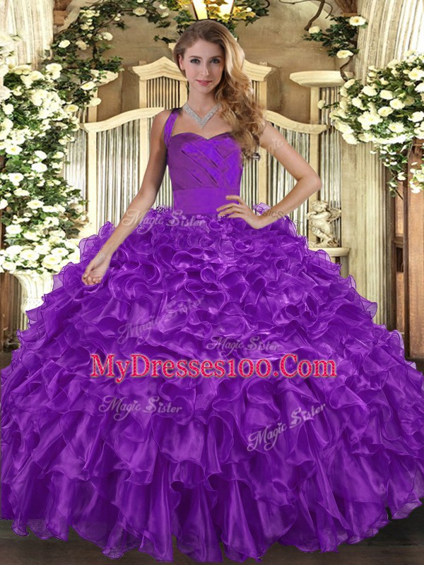 Sleeveless Organza Floor Length Lace Up Ball Gown Prom Dress in Purple with Ruffles