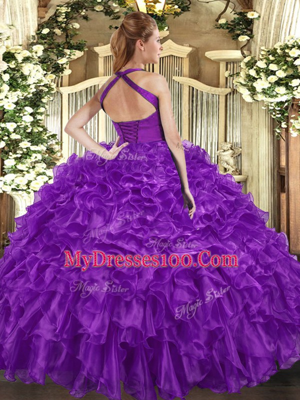 Sleeveless Organza Floor Length Lace Up Ball Gown Prom Dress in Purple with Ruffles