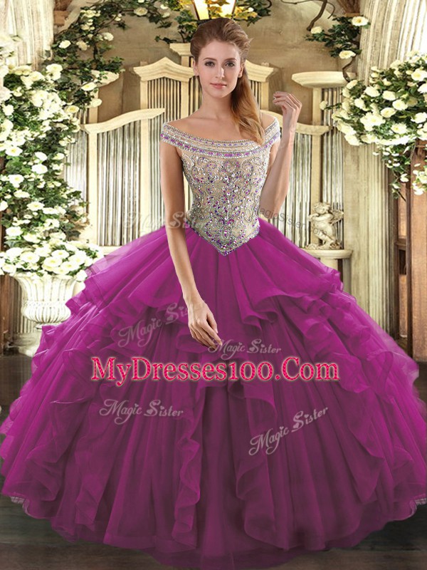 Fuchsia Lace Up Quinceanera Gown Beading and Ruffles Sleeveless Floor Length