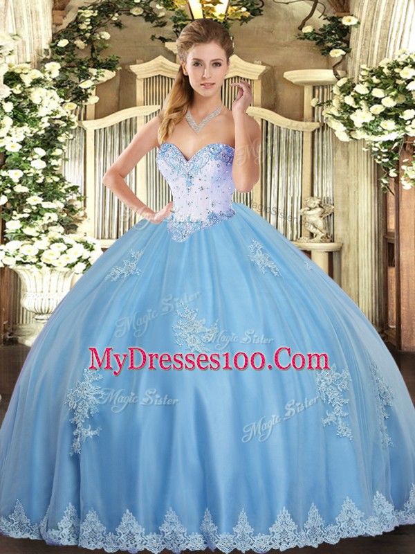Perfect Aqua Blue Sleeveless Tulle Lace Up Quince Ball Gowns for Military Ball and Sweet 16 and Quinceanera