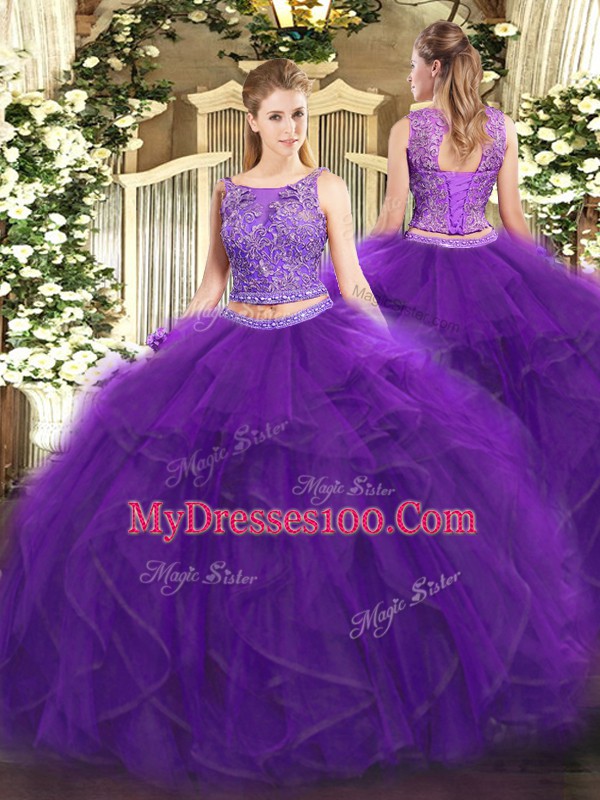 Spectacular Purple Scoop Lace Up Beading and Ruffles Quinceanera Dresses Sleeveless