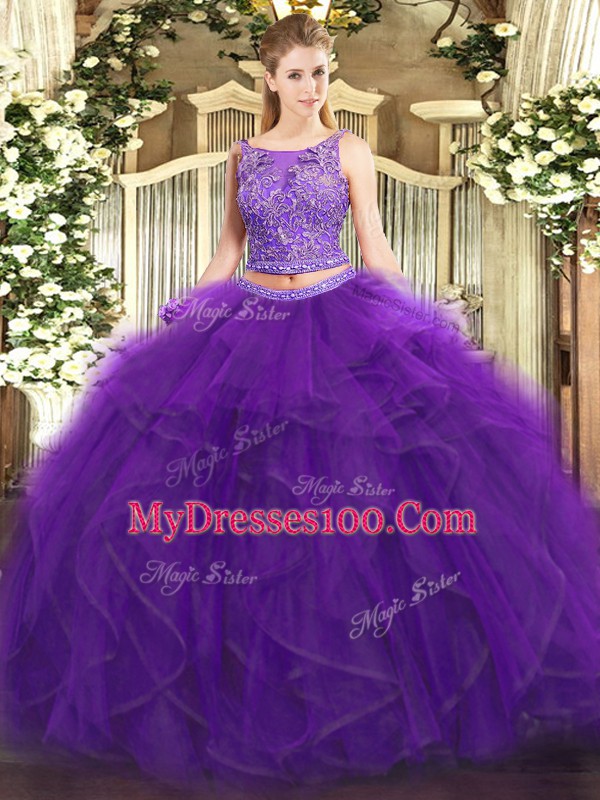 Spectacular Purple Scoop Lace Up Beading and Ruffles Quinceanera Dresses Sleeveless